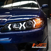 Black LED 3D DRL Stripe Bar Projector Head lights with LED Indicators for Nissan 200SX S15 - Mars Performance