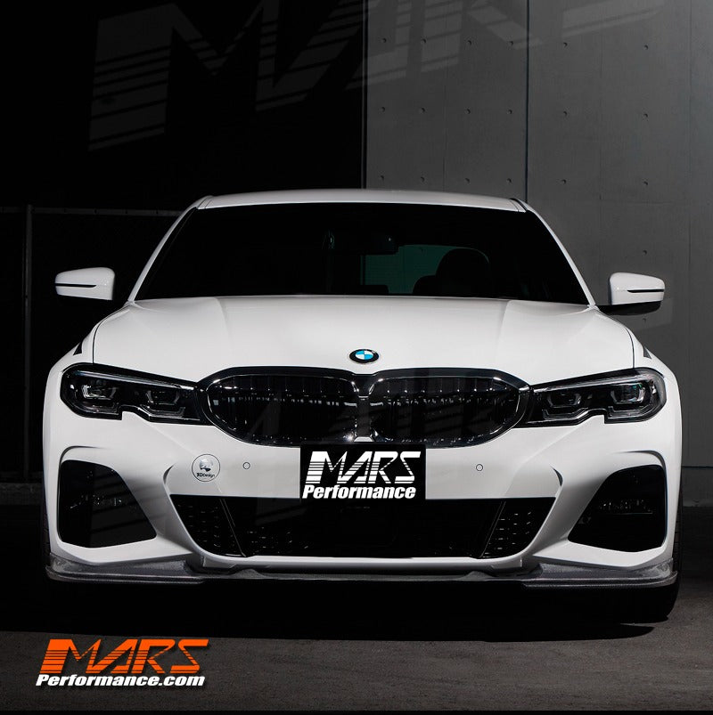 Packaging and contents of 3D Design Style Carbon Fibre Front Bumper Lip Spoiler for BMW G20 G21
