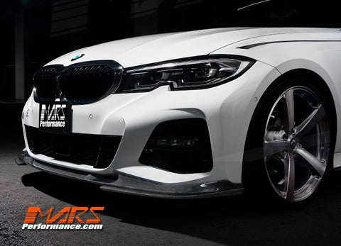 Close-up of seamless fit between Carbon Fibre Lip Spoiler and BMW G20 M Sport bumper