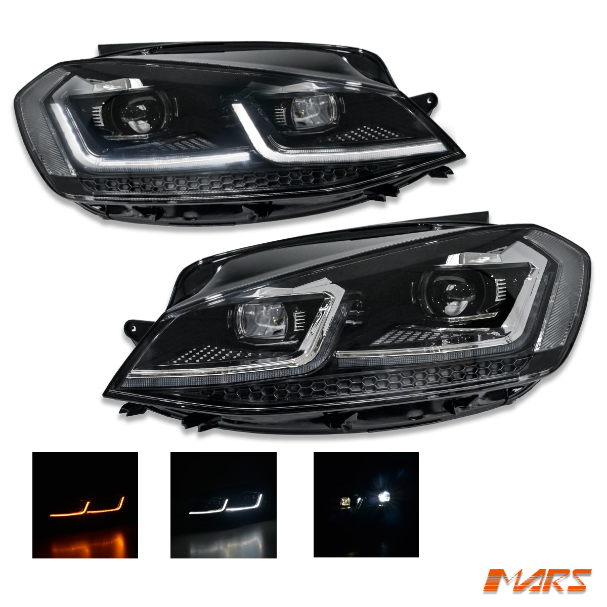 Black R Style DRL LED Projector Head Lights with Sequential Indicators for VolksWagen VW Golf 7.5 2018-2020