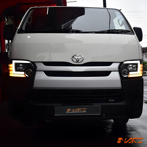 Black LED DRL Projector Head Lights with Sequential Indicators for Toyota Hiace 2015-2019