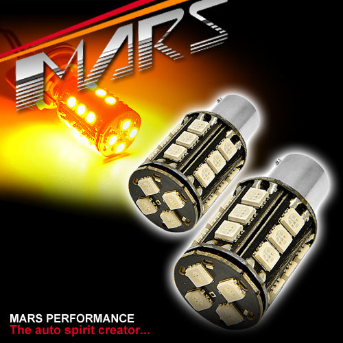 MARS CANBUS LED SMD S25 1156 BAU15S PY21W Amber Turn Signal Bulbs in packaging