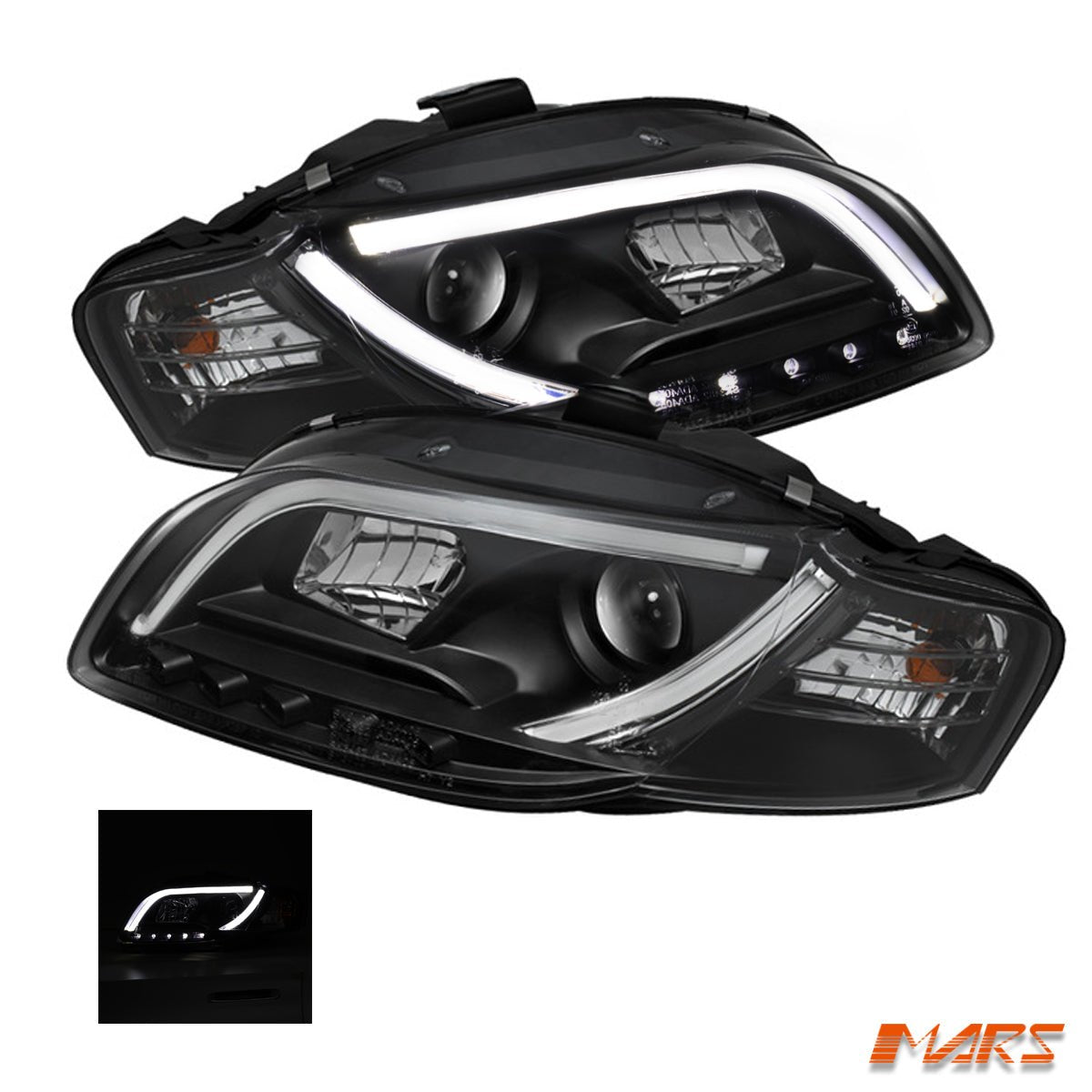 Black 3D Day - Time LED Stripe DRL Projector Head Lights for AUDI A4 S4 RS4 B7 2005 - 2008 - Mars Performance