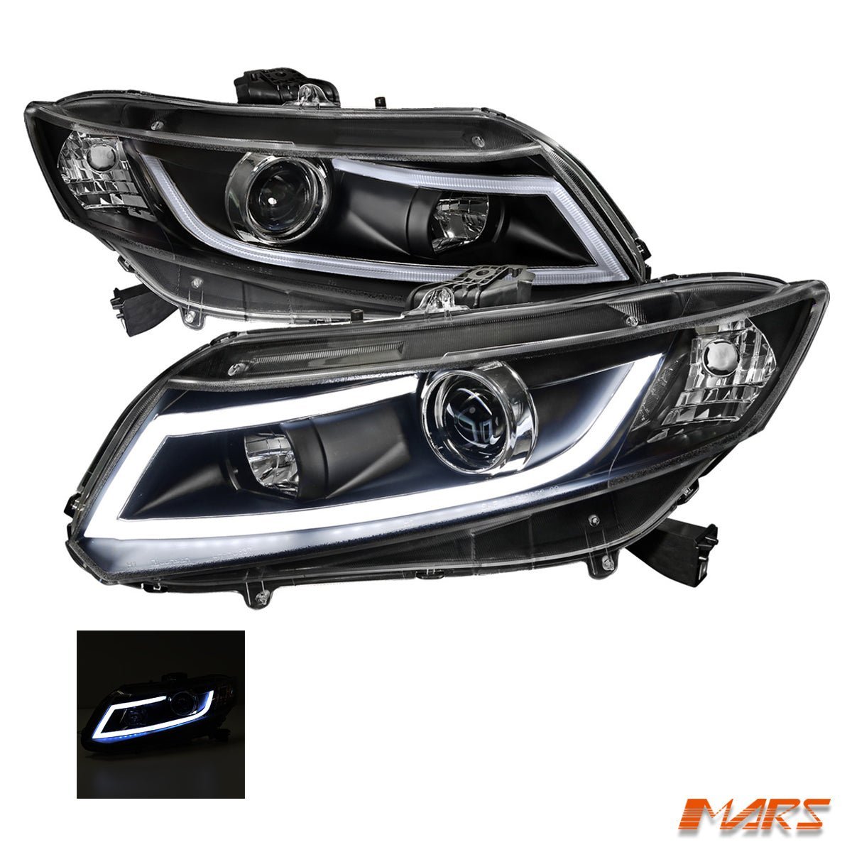 Black 3D DRL Stripe Bar Projector Head Lights for Honda Civic 9th Gen FB Sedan 2012 - 2016 - Mars Performance