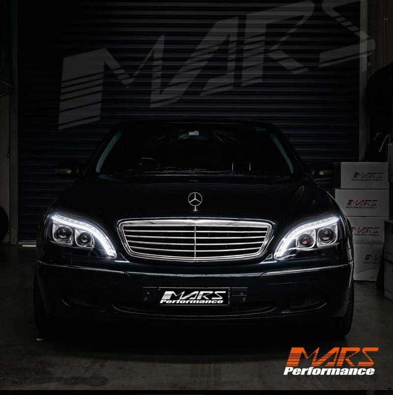 Black 3D LED Stripe DRL Projector Head Lights for Mercedes - Benz S Class W220 1998 - 2005 with LED Indicators - Mars Performance