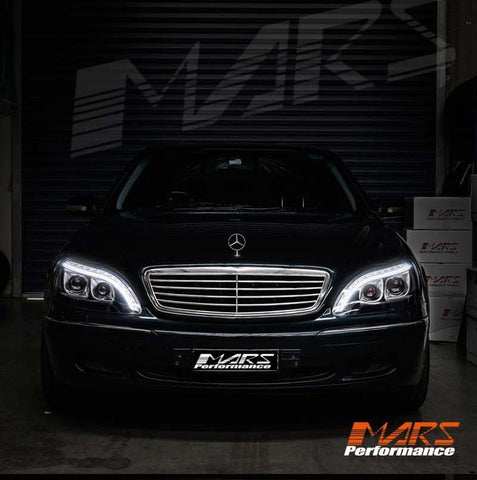 Black 3D LED Stripe DRL Projector Head Lights for Mercedes - Benz S Class W220 1998 - 2005 with LED Indicators - Mars Performance