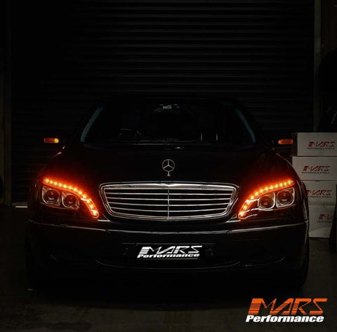 Black 3D LED Stripe DRL Projector Head Lights for Mercedes - Benz S Class W220 1998 - 2005 with LED Indicators - Mars Performance