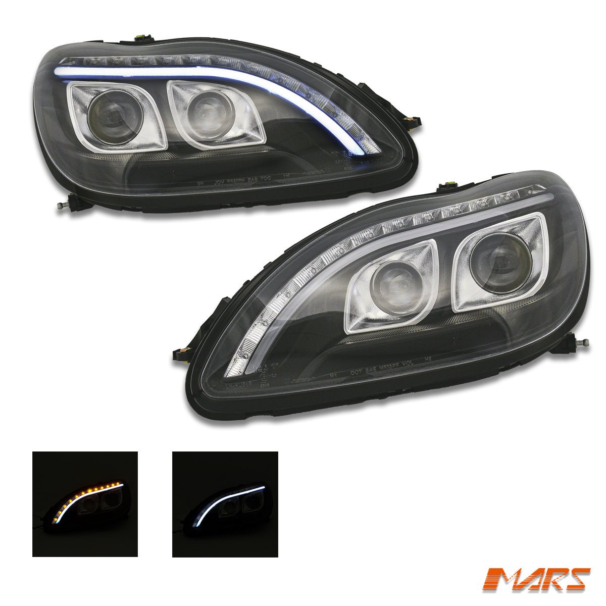 Black 3D LED Stripe DRL Projector Head Lights for Mercedes - Benz S Class W220 1998 - 2005 with LED Indicators - Mars Performance