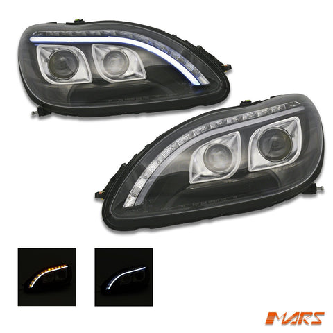 Black 3D LED Stripe DRL Projector Head Lights for Mercedes - Benz S Class W220 1998 - 2005 with LED Indicators - Mars Performance