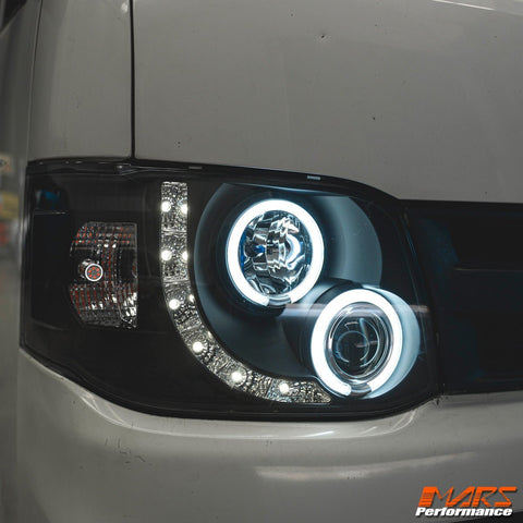 Black CCFL Angel Eyes & LED DRL Projector Head Lights for Toyota Hiace 2011 - 2014 - Mars Performance