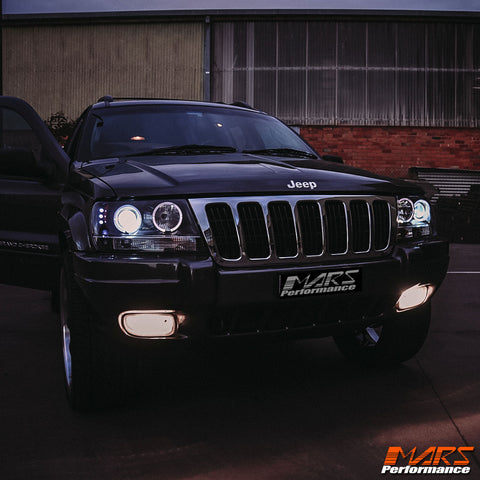 Black LED Halo Projector Headlights – Fits 1999-2004 Jeep Grand Cherokee WJ WG, Pair