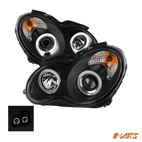 Black CCFL Angel Eyes Projector Head Lights for Mercedes - Benz C - Class W203 Sedan & Wagon 2000 - 2007 - Mars Performance