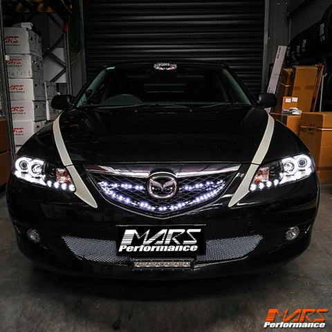Black DRL LED & CCFL Angel - Eyes Projector Head Lights for Mazda 6 Sedan & Hatch 2002 - 2007 - Mars Performance