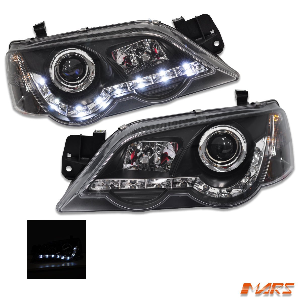 Black DRL LED Head Lights for Ford Falcon FPV BA BF Sedan Ute XR6 Turbo & XR8 2002 - 2008 - Mars Performance