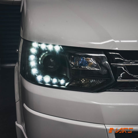 Black DRL LED Real Day - Time Projector Head Lights for VolksWagen VW Transporter T5.1 2011 - 2015 - Mars Performance