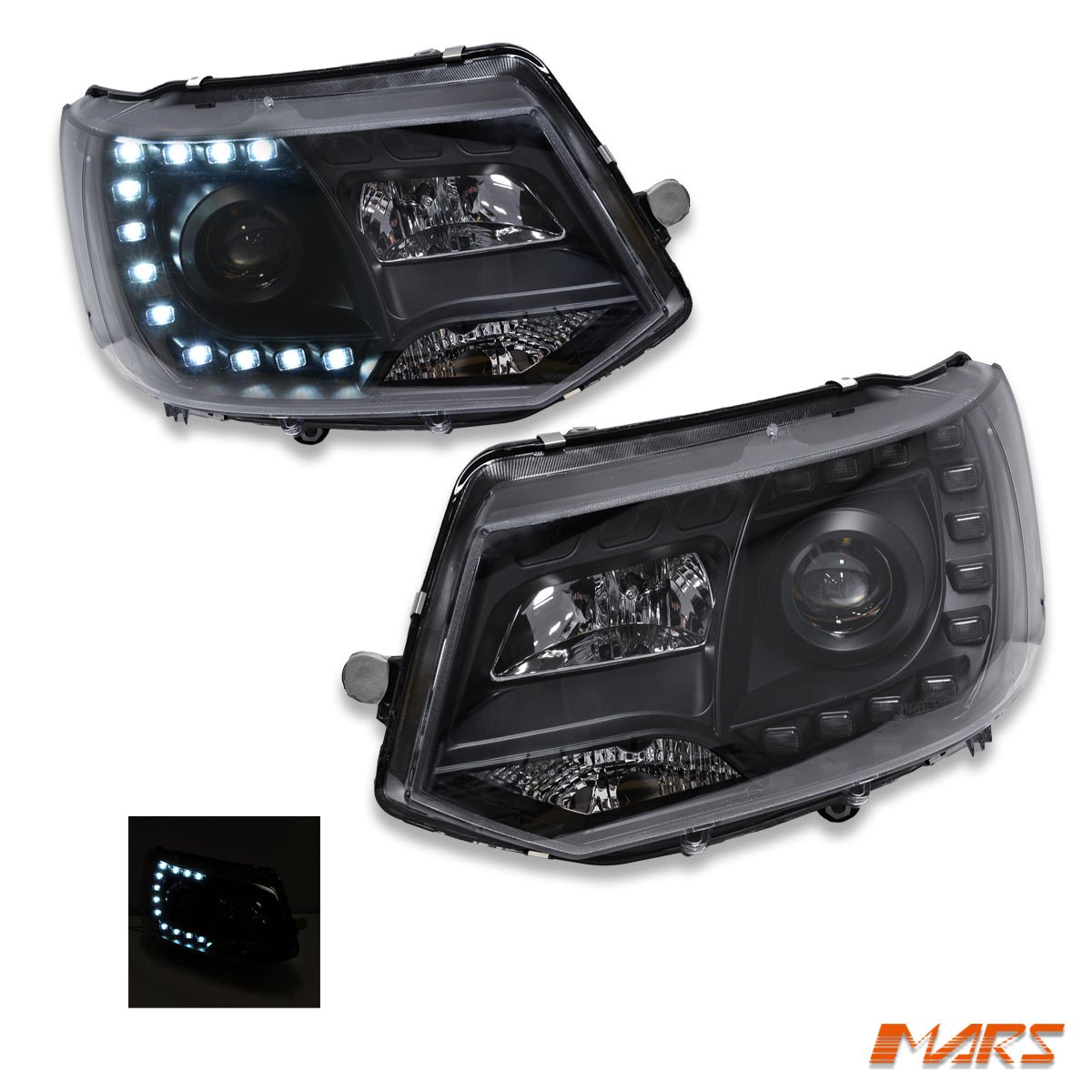 Black DRL LED Real Day - Time Projector Head Lights for VolksWagen VW Transporter T5.1 2011 - 2015 - Mars Performance