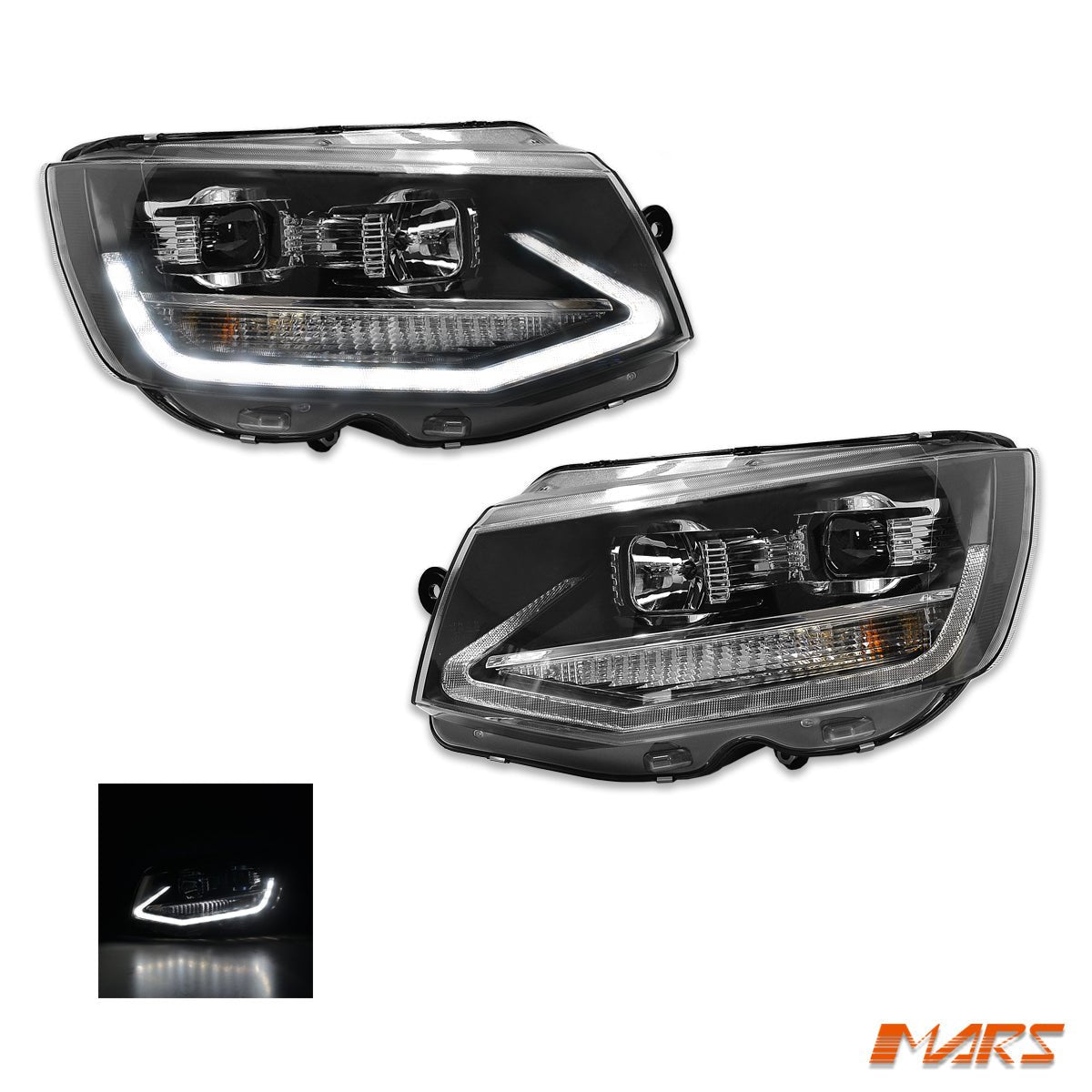 Black DRL LED Real Day - Time Projector Head Lights for VolksWagen VW Transporter T6 2016 - 2020 - Mars Performance