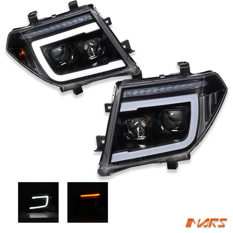 Black DRL Projector Head Lights with LED Sequential Indicators for Nissan Pathfinder R51 & Navara D40 2004 - 2009 - Mars Performance