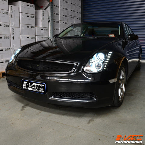 Black High Power LED DRL & Angel Eyes Projector Head Lights for Nissan & Infiniti G35 V35 Coupe 2003 - 2008 - Mars Performance