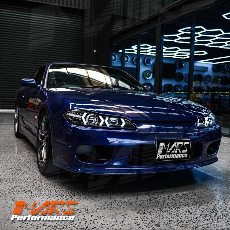 Black LED 3D DRL Stripe Bar Projector Head lights with LED Indicators for Nissan 200SX S15 - Mars Performance