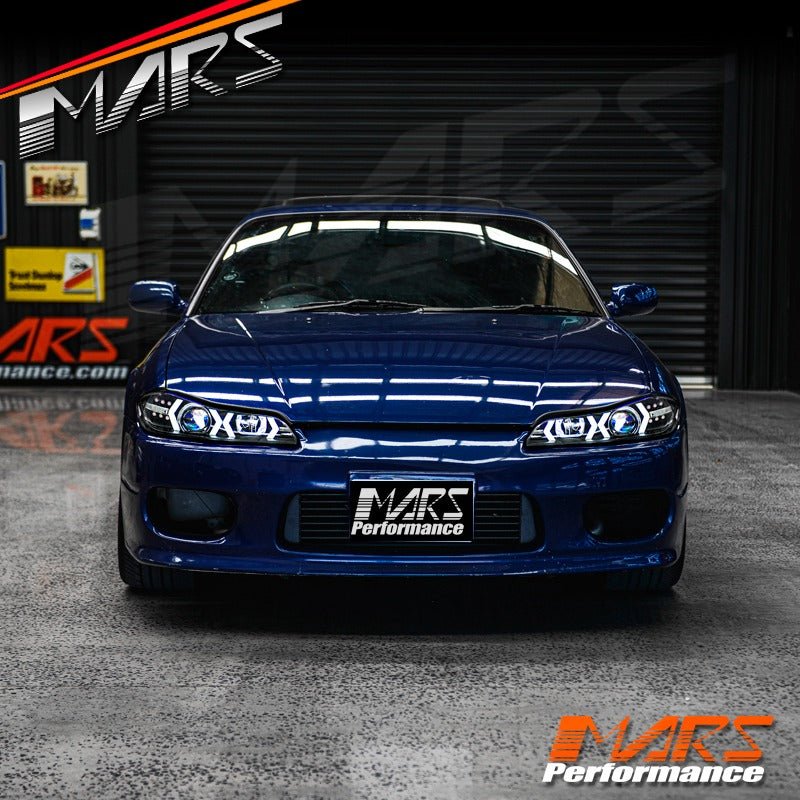 Black LED 3D DRL Stripe Bar Projector Head lights with LED Indicators for Nissan 200SX S15 - Mars Performance