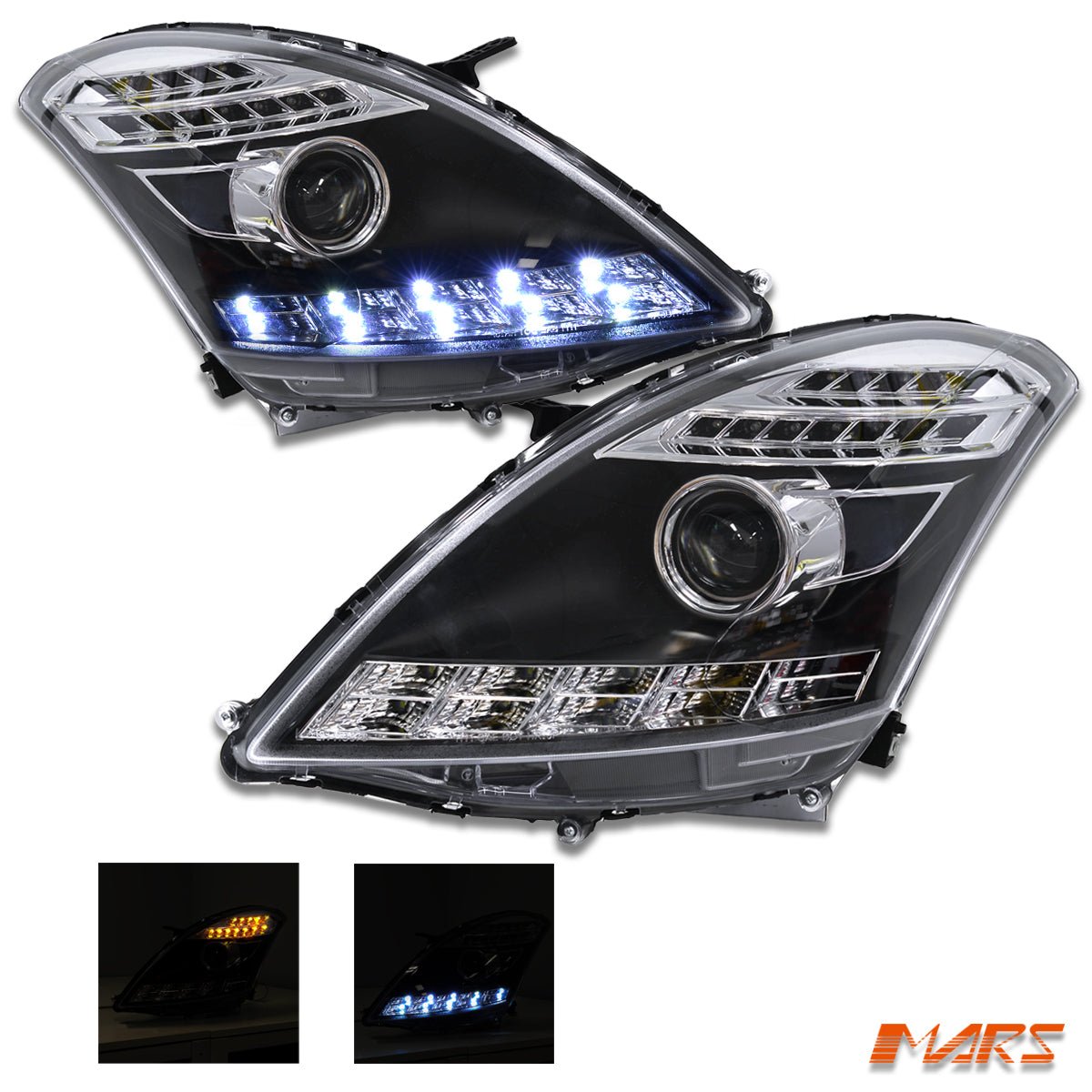 Black LED DRL Dual Beam Projector Head Lights for Suzuki Swift 2011 - 2017 - Mars Performance