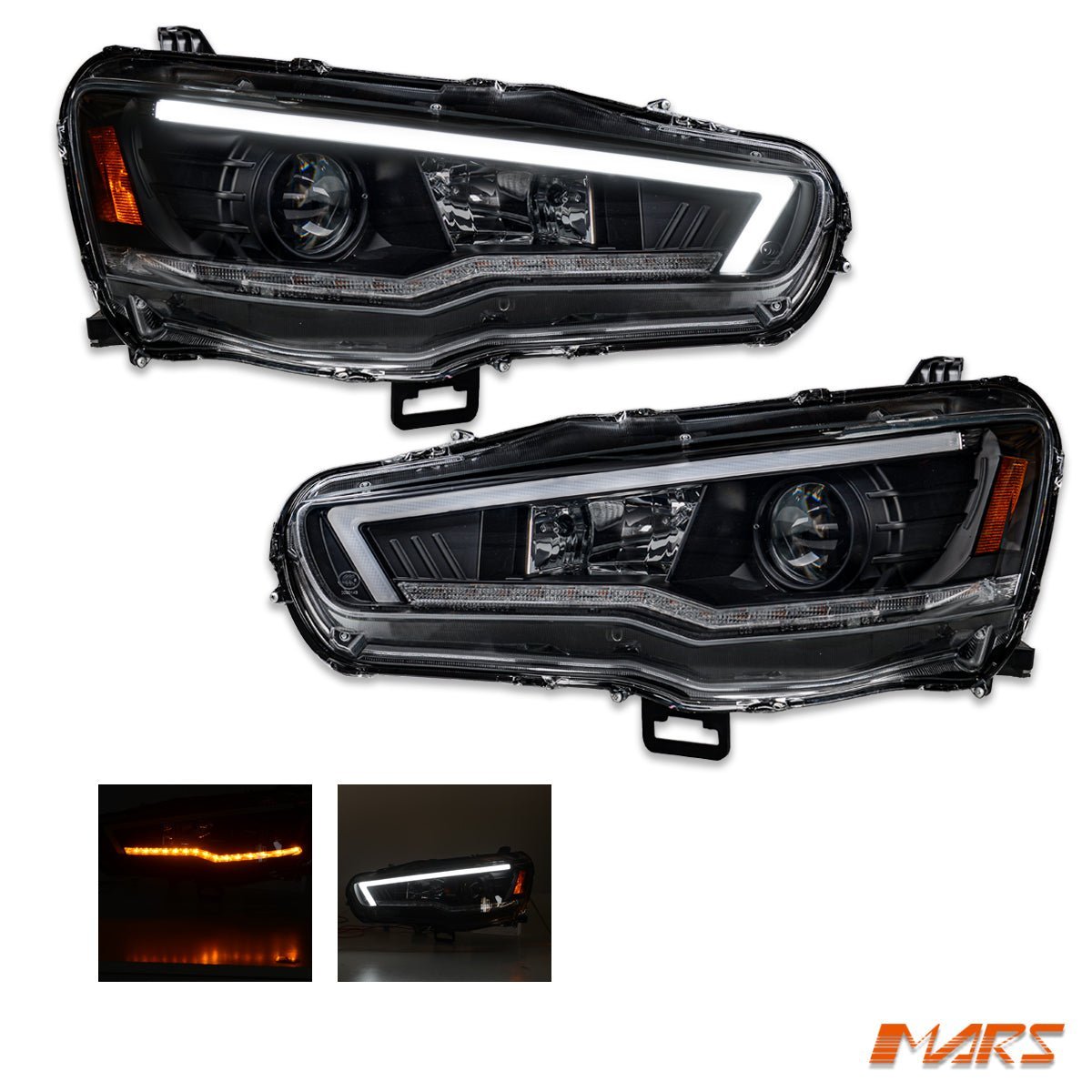 Black LED DRL Projector Head Lights with Sequential Indicators for Mitsubishi EVOLUTION X EVO 10 - Mars Performance