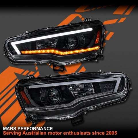 Black LED DRL Projector Head Lights with Sequential Indicators for Mitsubishi EVOLUTION X EVO 10 - Mars Performance