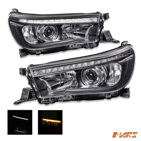 Black LED Real DRL Projector Head Lights with Sequential indicators for Toyota Hilux Revo Rocco 2015 - 2020 - Mars Performance