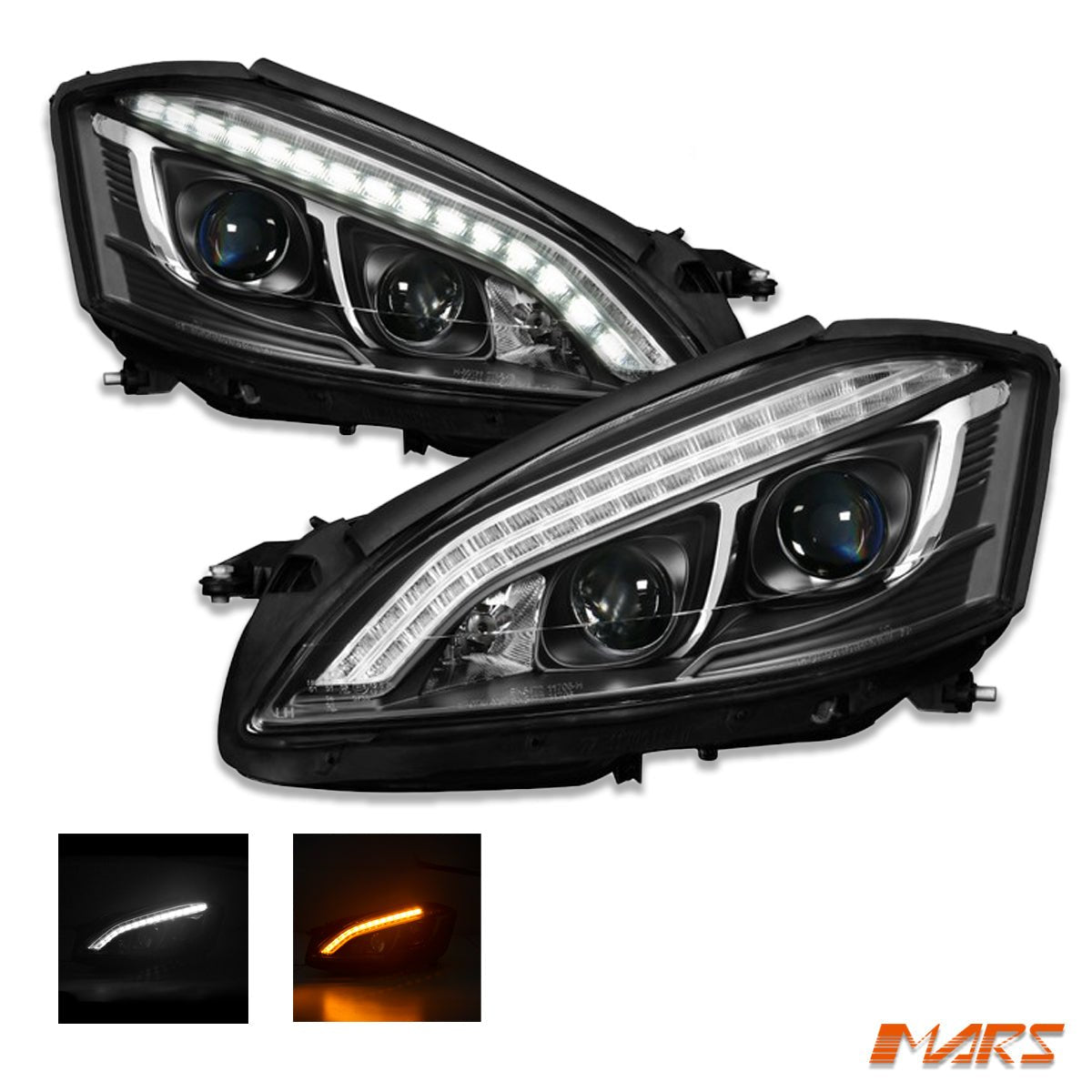 Black S65 AMG Style DRL LED Projector Head Lights with LED Indicators for Mercedes - Benz S - Class W221 Sedan 2006 - 2009 - Mars Performance