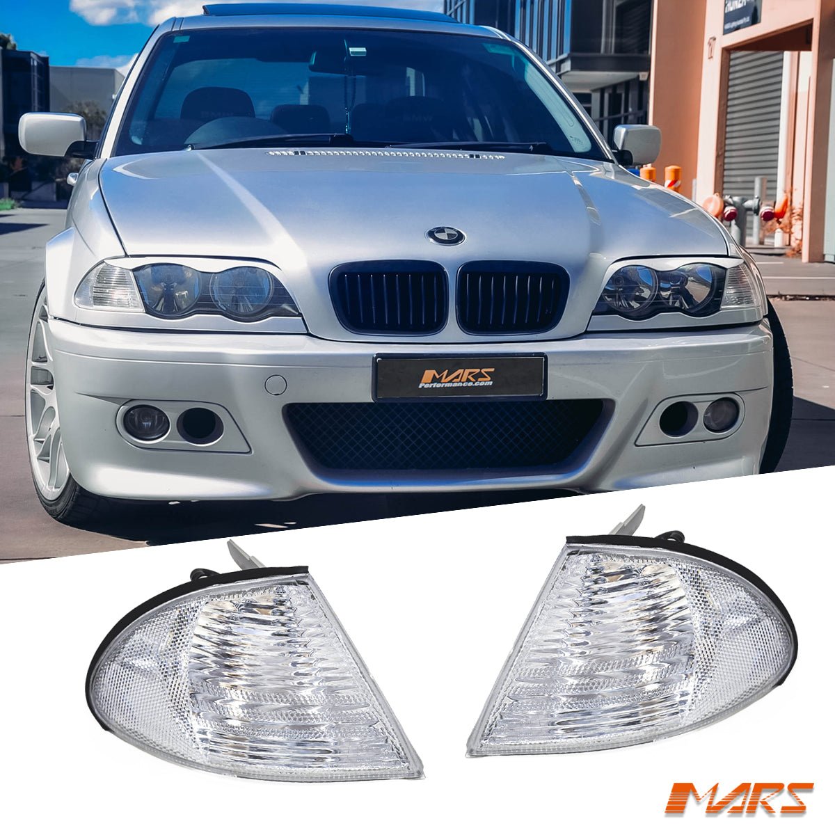 Crystal Front Corner turn signal indicator lights for BMW 3 - Series E46 1998 - 2001 Pre LCI Sedan & Wagon - Mars Performance