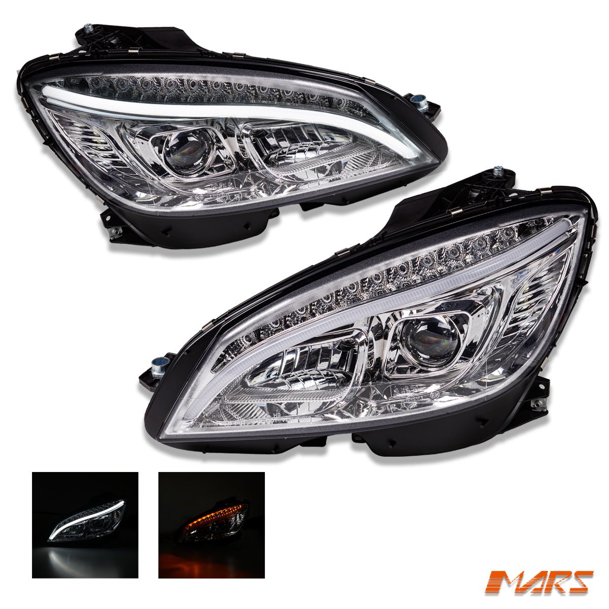 Crystal LED DRL Projector Head Lights for Mercedes - Benz C - Class W204 2007 - 2010 - Halogen Model only - Mars Performance