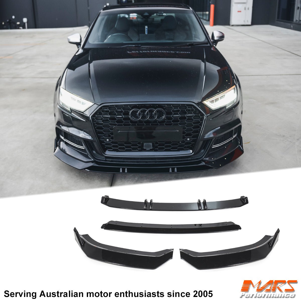 DTM Painted Black Front Bumper Lip Spoiler Kit For Audi A3 (2017-2020) - 3-Piece Body Kit