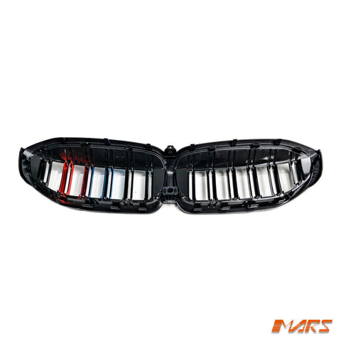 Gloss Black M3 Style Front Bumper Bar Grill Grille Bodykit with 3 colour stripes for BMW 3 - Series G20 Sedan & G21 Wagon, Pre LCI 2018 - 2022 - Mars Performance