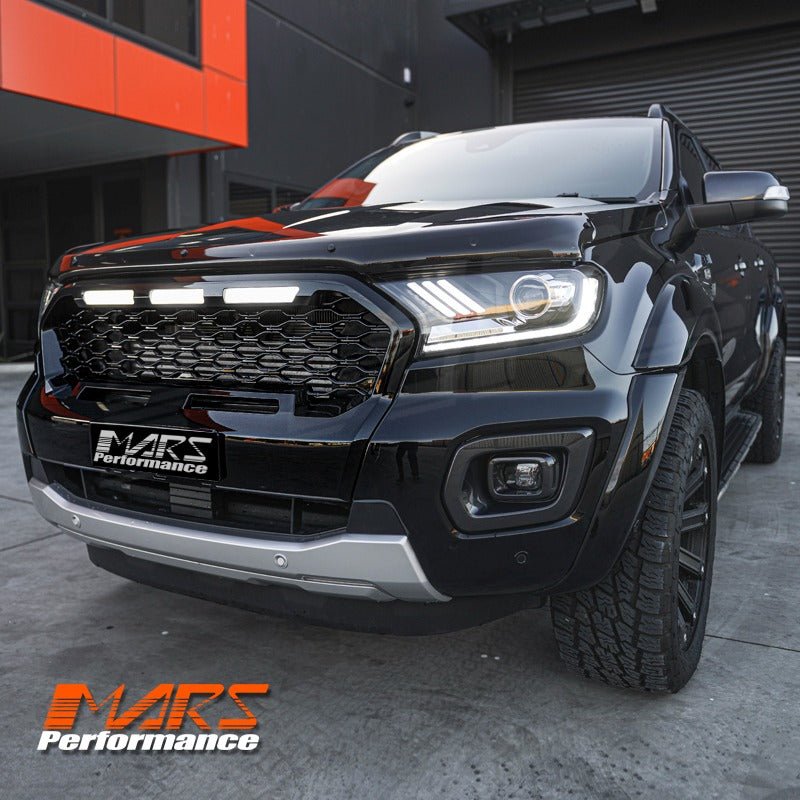 Gloss Black Raptor Style Front Bumper Bar Grille Grill Bodykit & LED DRL Lights for Ford Ranger PX MK3 WildTrak - Mars Performance