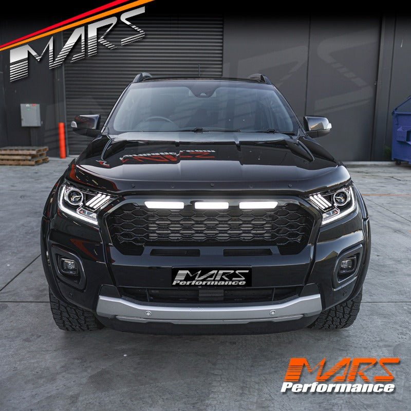 Gloss Black Raptor Style Front Bumper Bar Grille Grill Bodykit & LED DRL Lights for Ford Ranger PX MK3 WildTrak - Mars Performance