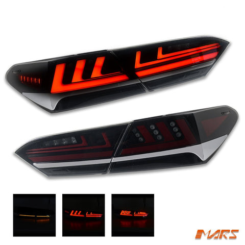 JDM Smoked Black 3D Stripe Bar Full LED Tail Lights with Sequential Indicators for Toyota Camry 2018 - 2024 - Mars Performance
