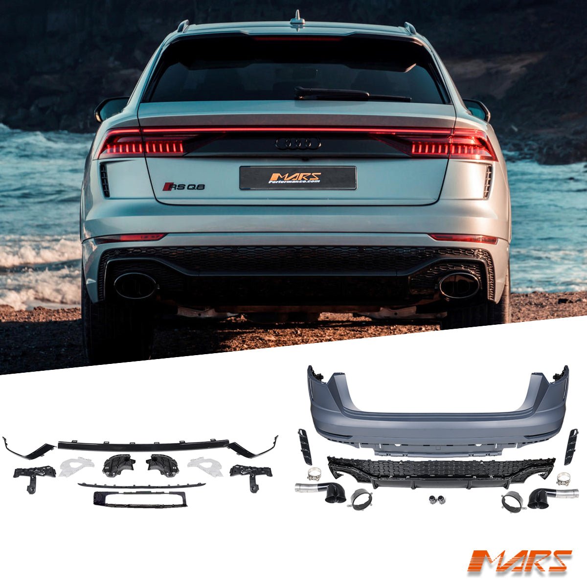 RSQ8 Style Rear Bumper bar with Diffuser Bodykit & Exhaust Tips for AUDI Q8 SQ8 F1 2018 - 2023 - Mars Performance